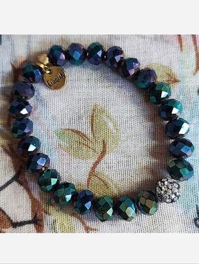 Erimish Blue Green Oil Slick Beaded Stretch Faceted Crystal Rhinestone Bracelet